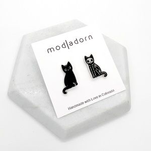 Handmade Halloween Skeleton Kitty Cat Stud Earrings Spooky Fall Season